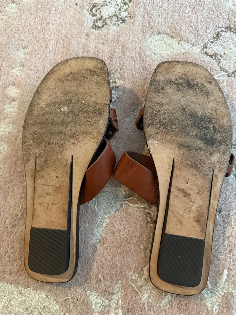 Tory Burch Cognac Leather Slide Sandals with Logo Cutout Strap